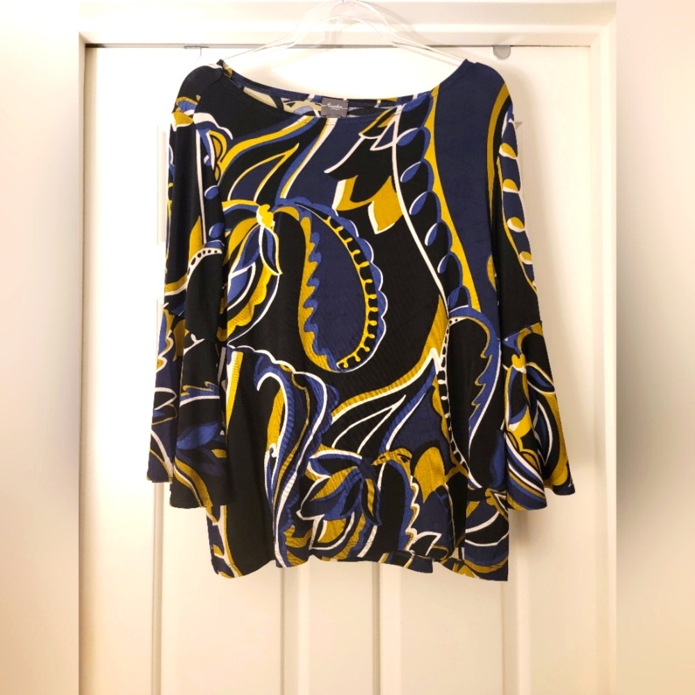 EUC Chico's Travelers Women's Top Black/Blue/Green/Gold Pattern - Chico's Size 2